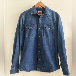 Wrangler Men’s US M Western Denim Indigo Pearlized Snaps Shirt EUC